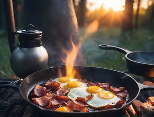 Camping breakfast with bacon and eggs in a cast iron skillet. Generative AI