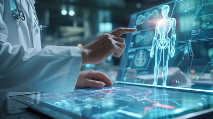 Healthcare professional is using a tablet that displays a holographic projection of a human anatomy model, showcasing various internal systems.
