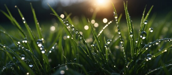 Green grass with dew drops. Natural floral background. Grass background. Morning dew, close-up, macro. Daylight.	