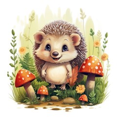 Watercolor illustration of a cute smiling hedgehog with fly agarics on a white background