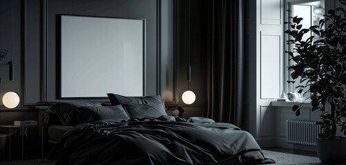 : A tranquil minimalist bedroom, hosting a monochrome black bed, minimalist black decor, and a large blank mockup frame on a softly lit wall