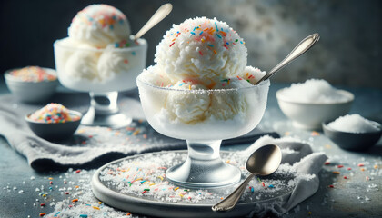 Snow ice cream dessert topped with colorful sprinkles in glass cup