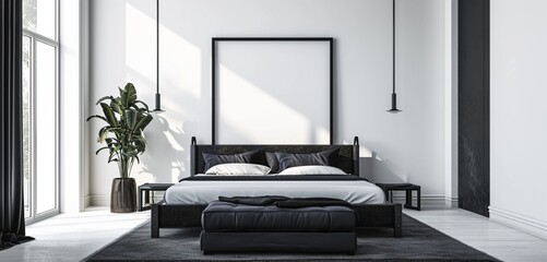 : An elegant minimalist bedroom with a monochrome black bed, a stylish black ottoman, and an empty mockup frame against a contrasting white wall