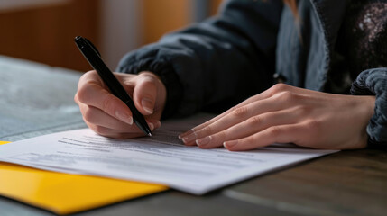 Close-up of a person's hand holding a pen, poised to write or sign a document