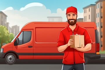 Delivery boy courier service with red shirt and cap