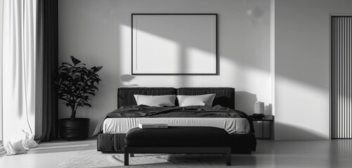 : An elegant minimalist bedroom with a monochrome black bed, a stylish black ottoman, and an empty mockup frame against a contrasting white wall