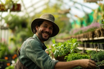 "Smiling gardener nurturing plants in peaceful greenhouse"
