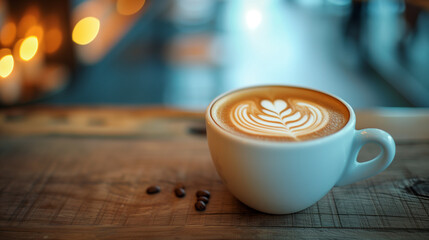 A generously poured, delicious cup of coffee rests on a cafe table. Nice latte art. - obrazy, fototapety, plakaty