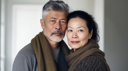 Obraz premium European couple in their 50s hugs at home.