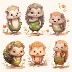 Collection of watercolor cute hedgehogs on a white background