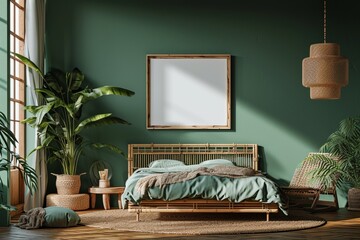 Eco-friendly bedroom with a bamboo bed, recycled materials, and a blank mockup frame on an earth green wall