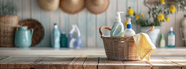 Cleaning set for different surfaces in kitchen, bathroom and other rooms. Basket with cleaning items on blurry background. Spring cleaning. Cleaning service concept with copy space