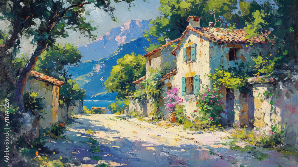 Wall mural charming vintage painting of a quaint stone house nestled in lush greenery with a pebbled path leadi