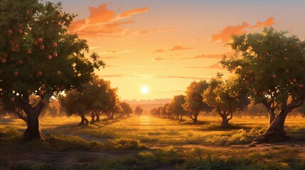 A meticulously illustrated peach orchard in the soft glow of dawn, the fuzzy skins of ripe peaches set against a serene countryside. - Generative AI