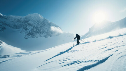 Naklejka na ściany i meble Solitary skier is trekking across a snowy mountain landscape under a bright sun.