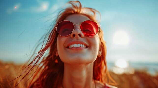 Smiling woman wearing sunglasses with sunlight flare vintage color grade retro vibes