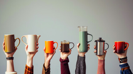 Multiple hands are raised, each holding a different type of coffee cup or coffee pot, showcasing a variety of colors and styles against a neutral background. - obrazy, fototapety, plakaty