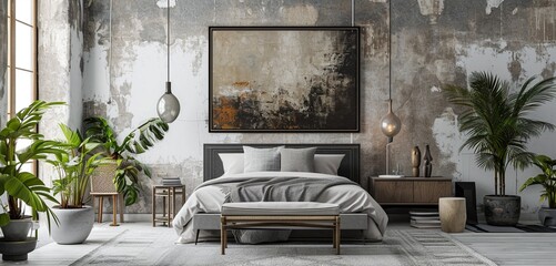 Modern art gallery Contemporary bedroom with a chic bed, gallery art, intricate abstract wall patterns, and a blank mockup frame