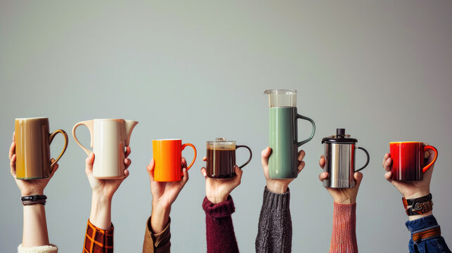 Multiple hands are raised, each holding a different type of coffee cup or coffee pot, showcasing a variety of colors and styles against a neutral background.
