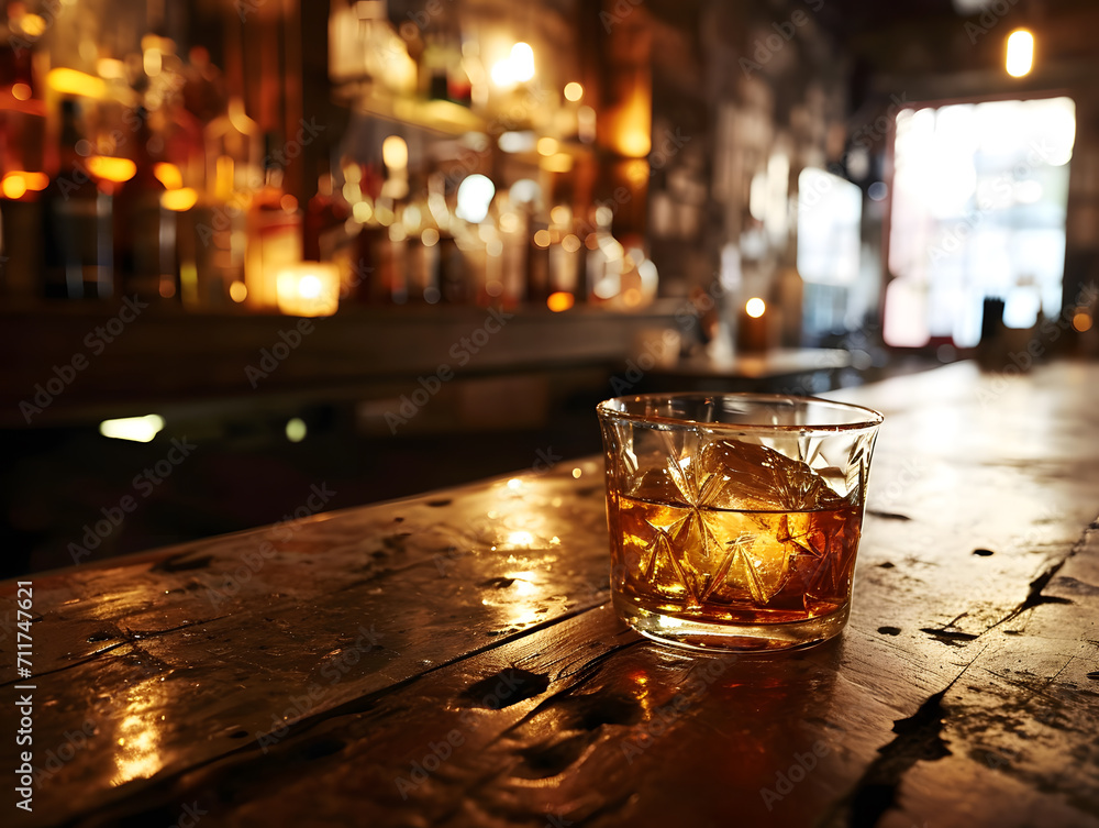 Wall mural Glass of whiskey with ice cubes on a wooden table in a bar