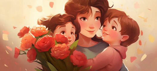 happy mother's day! cute charming girl and boy give their beautiful mother a bouquet of