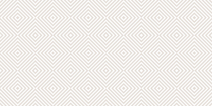 Vector geometric seamless pattern with squares, rhombuses, stripes, diagonal lines, repeat tiles. Subtle abstract texture. Delicate white and beige background. Simple minimalist repeated geo design