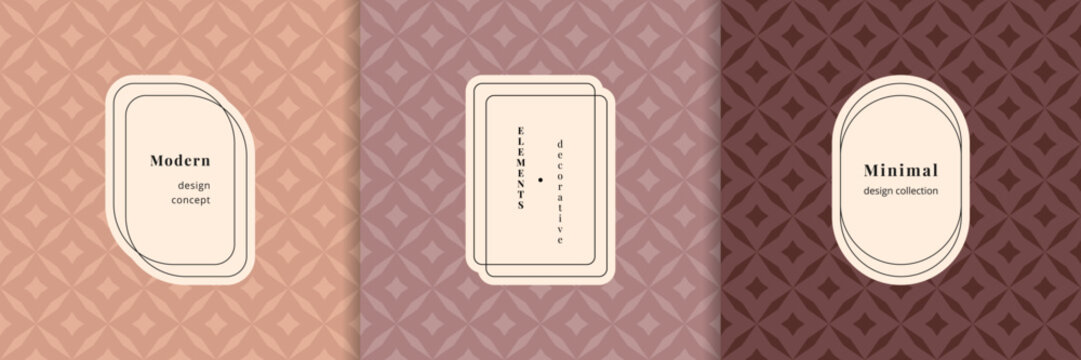 Vector seamless pattern set with modern minimal labels, borders, frames. Elegant diamond grid geo texture. Luxury geometric floral ornament background. Design for print, banner, product package, decor