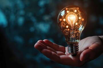 A close-up of a person hand holding a lightbulb, with visible gears and mechanisms inside Hand holding light bulb and business digital marketing innovation technology