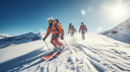 Fototapeta na wymiar 3 friends going down a ski slope on a bright sunshiny day in winter