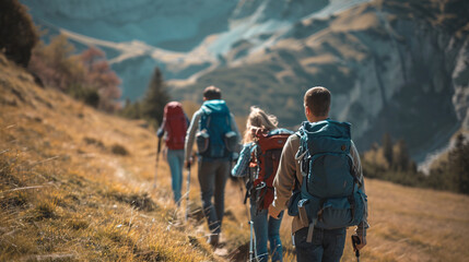 Trail Companions Capture the Essence of Togetherness with a Candid View from Behind as Family and Friends Trek through the Mountains.