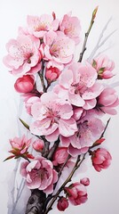 Realistic cherry blossom branch in spring with Watercolor pink sakura flower and leaves background