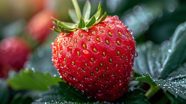 A close-up photograph of a plump, sun-kissed strawberry glistening with dewdrops, showcasing the luscious red hue and natural sweetness, creating a visually tempting and mouthwater
