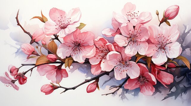 Realistic cherry blossom branch in spring with Watercolor pink sakura flower and leaves background