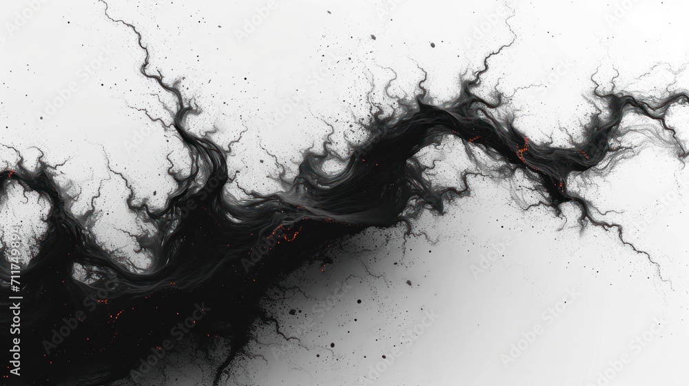 Poster a white background with black and red swirls on the left side of the image and a white background wi