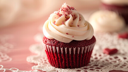 Cupcake de terciopelo rojo con crema y corazón decorativo - obrazy, fototapety, plakaty