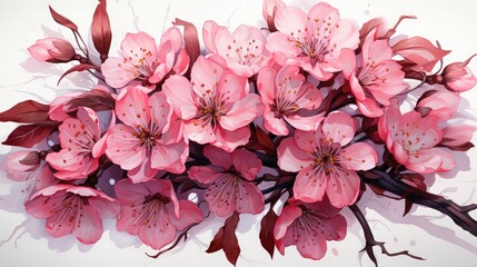 Realistic cherry blossom branch in spring with Watercolor pink sakura flower and leaves background