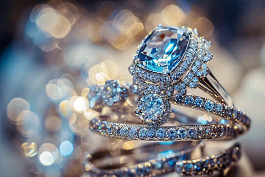 Close-up of exquisite diamond rings featuring a large central stone, highlighted by a glittering bokeh background.