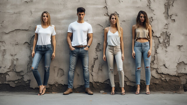 young attractive people with white jeans and brown shirt standing near concrete wall