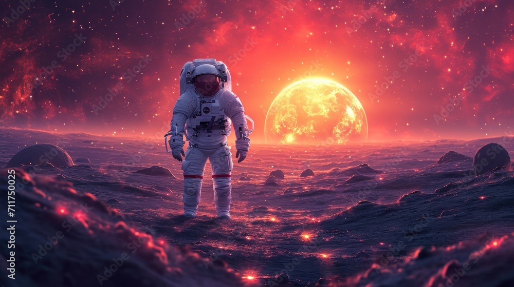 Aufkleber an artist's rendering of an astronaut standing on the surface of a planet with a sun in the backgrou