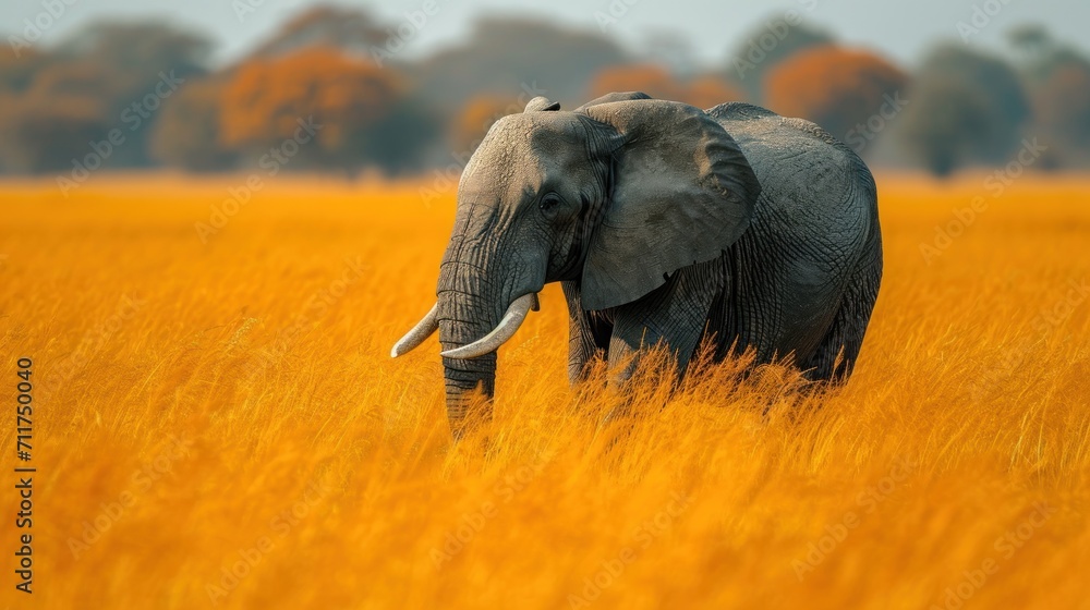 Poster an elephant standing in the middle of a field of tall yellow grass with trees in the background.