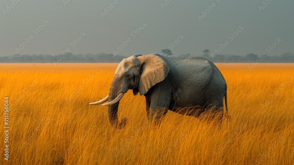 Poster an elephant is standing in a field of tall grass with its trunk in the air and it's trunk in the air