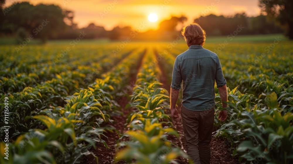 Poster  a man standing in the middle of a field looking at the sun setting over a field of green plants with trees in the background.