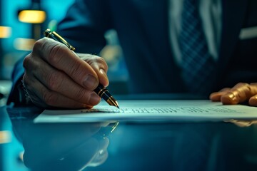 Businessman signing contract, focus on pen, blue toned corporate background.