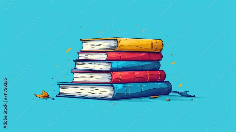 Poster a stack of books sitting on top of each other on top of a blue background with confetti around it.