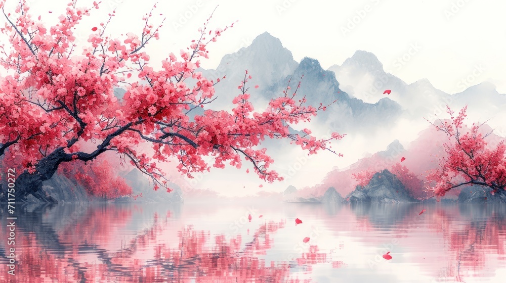 Poster a painting of a lake with a tree in the foreground and mountains in the background with red leaves i