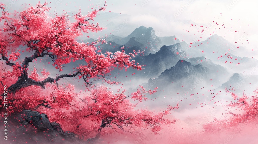 Wall mural  a painting of a tree with pink flowers in the foreground and a mountain range in the background with fog in the foreground.