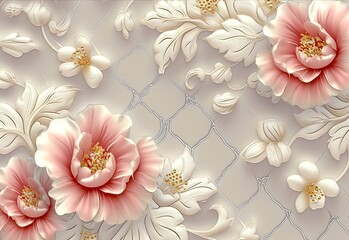 a pretty pink and white floral pattern adorned on a tile, in the style of 8k 3d, li shuxing, wallpaper, beige and amber, elegant subjects, realistic details, pure color.