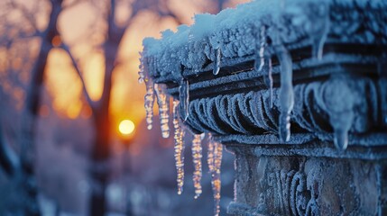 Frosty Landmark, Close-Up of a City Monument Frosted Over, with Icicles Hanging, Dawn's Early Light, Symbolizing the City's Resilience Against Extreme Winter