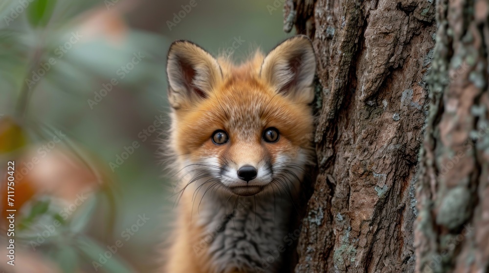 Poster a baby fox peeks out from behind a tree trunk as it peeks its head out of a hole in the bark of a tr