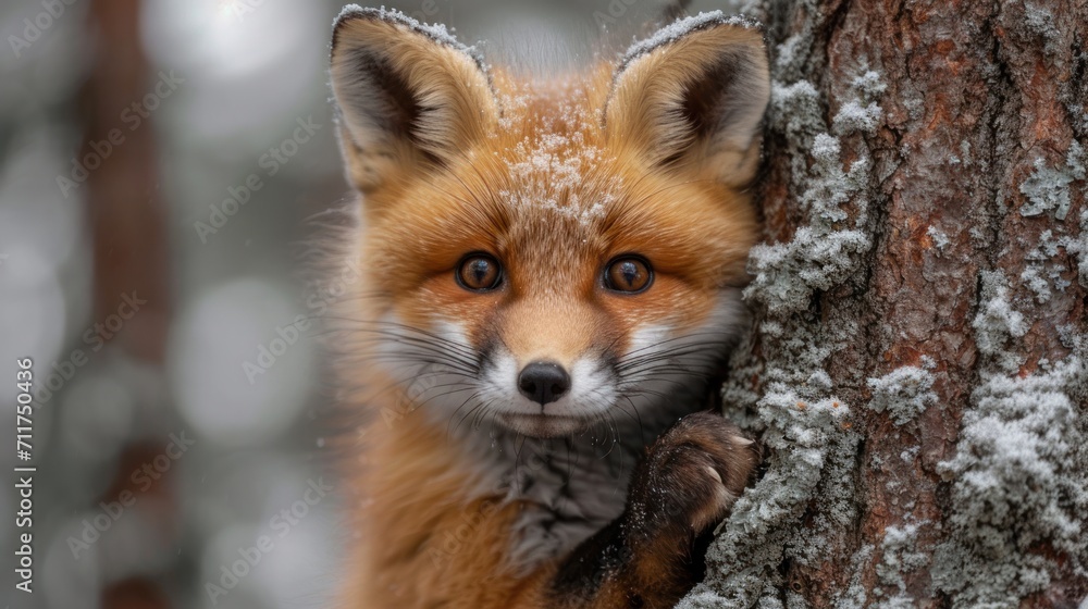 Poster a close up of a fox on a tree with snow on it's head and a tree trunk in the foreground.